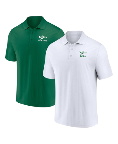 Shop Fanatics Men's  White, Green Distressed New York Jets Throwback Two-pack Polo Shirt Set In White,green