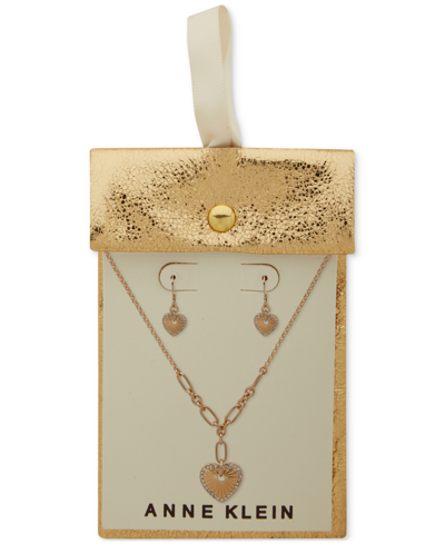 Shop Anne Klein Gold-tone Pave Textured Heart Lariat Necklace & Drop Earrings Set In Crystal