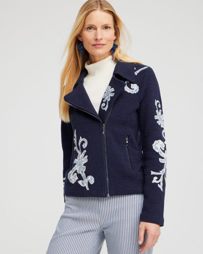 Shop Chico's Embroidered Moto Jacket In Navy Blue Size 20/22 |