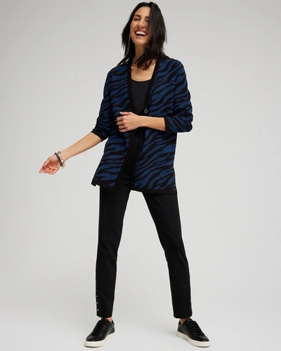 Chico's Double Knit Zebra Print Cardigan In Azores Blue