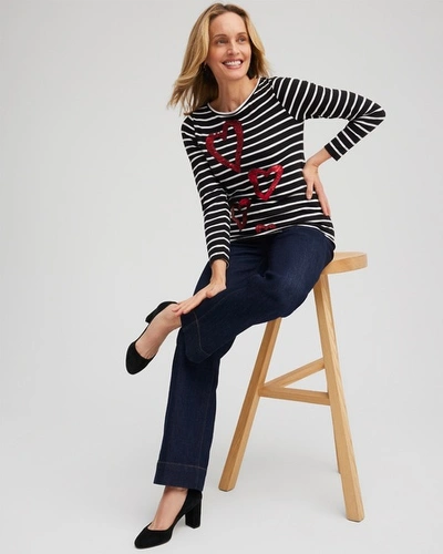 Chico's Stripe Sequin Hearts Tee In Black Size 4/6 |  In Black
