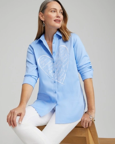 Chico's No Iron™ Stretch Embroidered Heart Shirt In Blue Size Xl |  In Blue