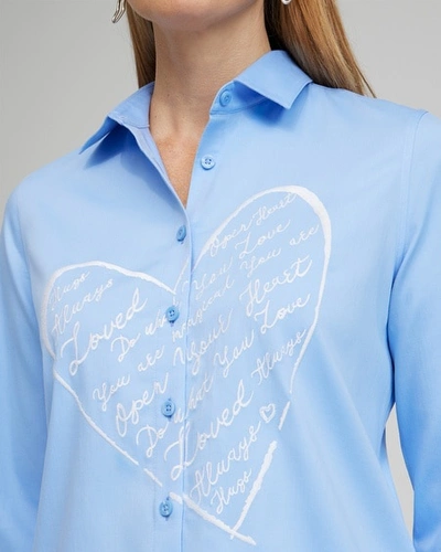 Chico's No Iron™ Stretch Embroidered Heart Shirt In Blue Size Xl |  In Blue