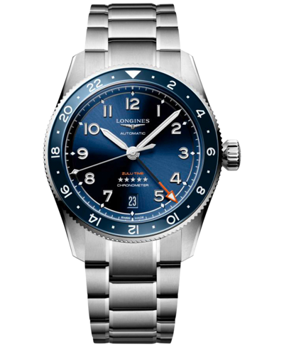 Shop Longines Men's Swiss Automatic Spirit Zulu Time Stainless Steel Bracelet Watch 39mm In Silver And Blue Ceramic Bezel