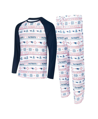 Concepts Sport Men's  White, Navy New England Patriots Tinsel Raglan Long Sleeve T-shirt And Pants Sl In White,navy