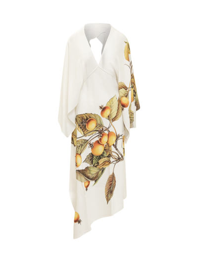 Shop Ferragamo Asymmetrical Botanical Print Dress In Beige/persimmon/bianco