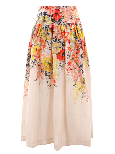 Shop Zimmermann Alight Floral-print Linen Skirt In Rosa
