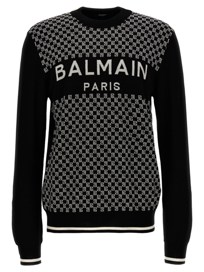 Shop Balmain Mini Monogram Sweater In White/black