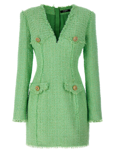 Shop Balmain Logo Button Tweed Dress In Green