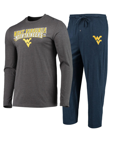 Concepts Sport Navy/heathered Charcoal West Virginia Mountaineers Meter Long Sleeve T-shirt & Pants In Navy,heathered Charcoal