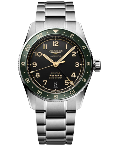 Shop Longines Men's Swiss Automatic Spirit Zulu Time Stainless Steel Bracelet Watch 39mm In Silver And Green Ceramic Bezel