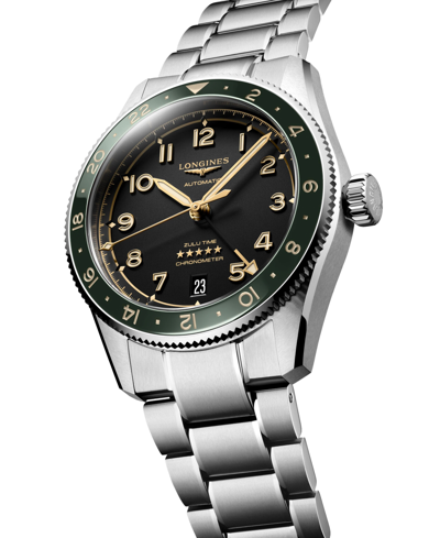Shop Longines Men's Swiss Automatic Spirit Zulu Time Stainless Steel Bracelet Watch 39mm In Silver And Green Ceramic Bezel
