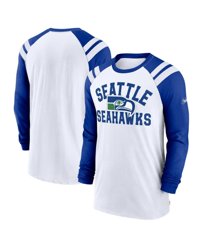 Shop Nike Men's  White, Royal Seattle Seahawks Classic Arc Raglan Tri-blend Long Sleeve T-shirt In White,royal