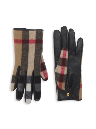 Shop Burberry Women's Check Wool & Leather Gloves In Archive Beige