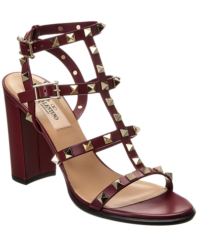 Shop Valentino Rockstud Caged 90 Leather Ankle Strap Sandal In Red