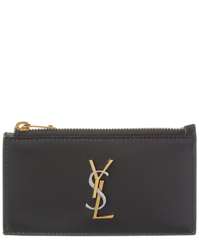 Shop Saint Laurent Cassandre Fragments Zipped Leather Card Case In Black