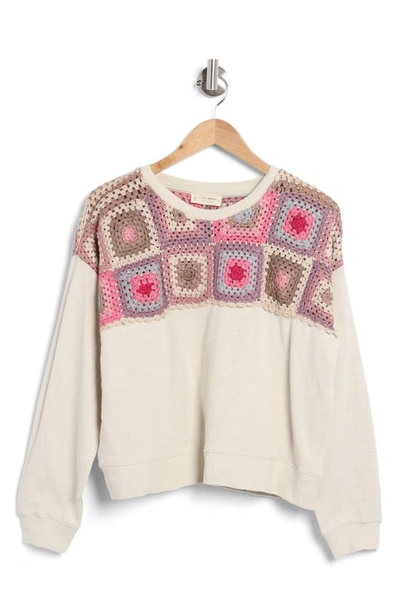 Shop Lucky Brand Crochet Yoke Cotton Sweatshirt In Peyote