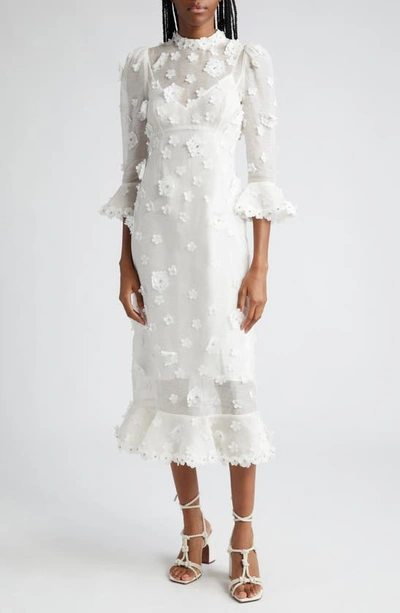 Shop Zimmermann Matchmaker Lift Off Embellished Linen & Silk Midi Dress In Ivory