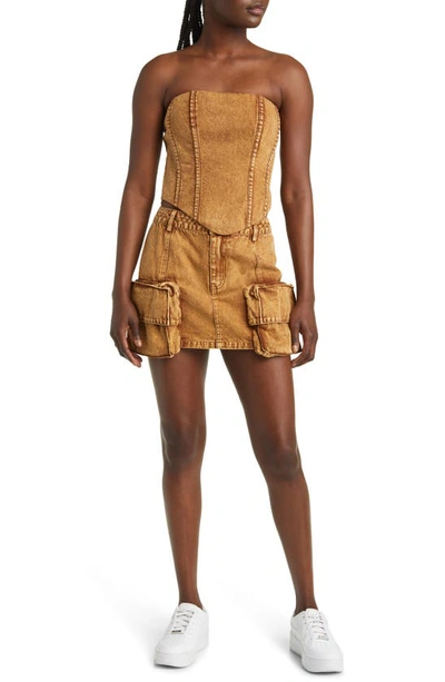 Shop By.dyln Tate Utility Denim Miniskirt In Brown Acid Wash
