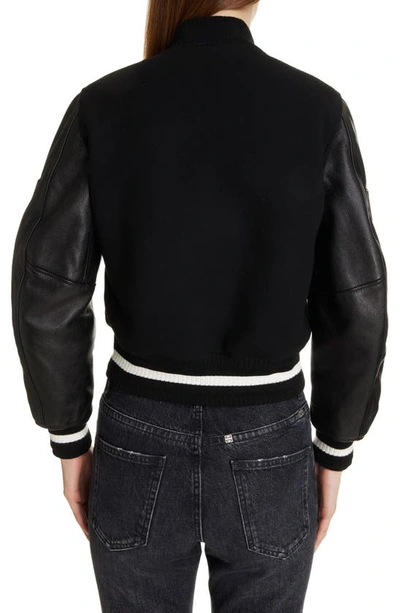 Shop Givenchy Regular Fit Leather & Wool Blend Crop Varsity Jacket In Black/ White