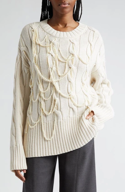 Shop Monse Imitation Pearl Detail Cable Merino Wool Sweater In Ivory