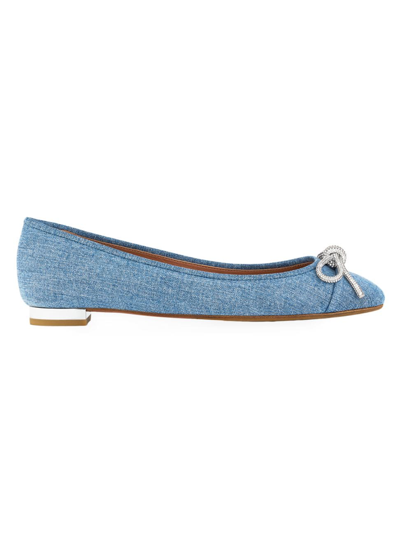 Shop Aquazzura Women's Parisina Crystal Bow Denim Ballet Flats In Pool