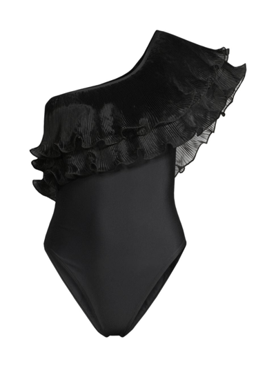 Shop Milly Women's Pleated Organza One-piece Swimsuit In Black
