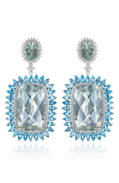 Shop House Of Frosted 14k White Gold Plated Sterling Silver Blue Topaz, White Topaz & Green Quartz Drop Earrings In Silver/ Topaz