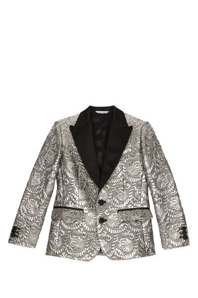 Shop Dolce & Gabbana Single-breasted Jacket In Laminated Jacquard In Silver