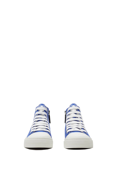 Shop Burberry High Sneakers In Checked Cotton In Blue