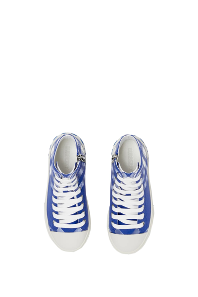 Shop Burberry High Sneakers In Checked Cotton In Blue