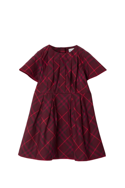 Shop Burberry Pleated Dress In Checked Cotton In Red