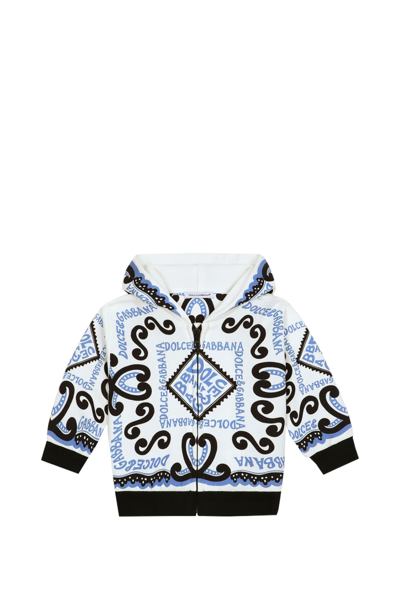 Shop Dolce & Gabbana Zip-up Sweatshirt With Navy Print Hood In Multicolor