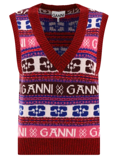 Shop Ganni Vest With Logo In Bordeaux