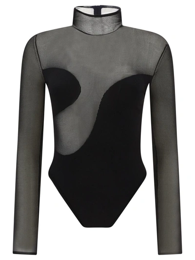 Nensi Dojaka Bodysuit With Asymmetric Line And Sheer Panels In Black