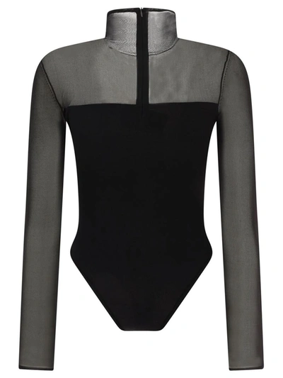 Nensi Dojaka Bodysuit With Asymmetric Line And Sheer Panels In Black