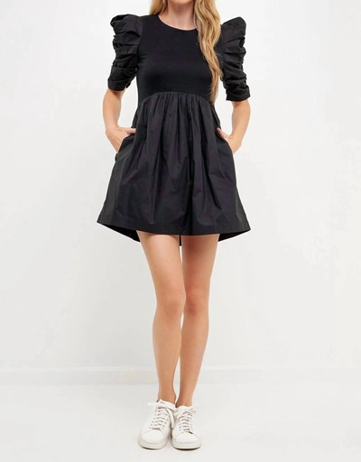 Shop English Factory Pleated Puff Sleeve Mini Dress In Black