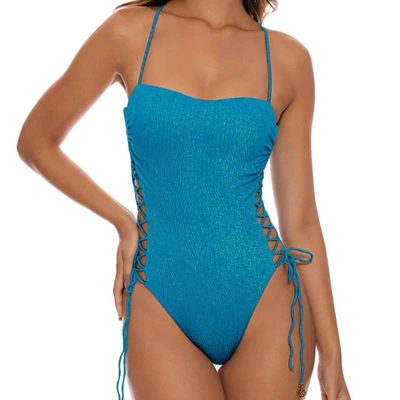 Shop Luli Fama Tornasol Square Neck Lace Up One Piece In Azure In Blue