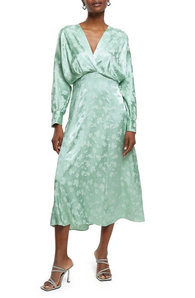 Shop River Island Floral Jacquard Long Sleeve Midi Dress In Green