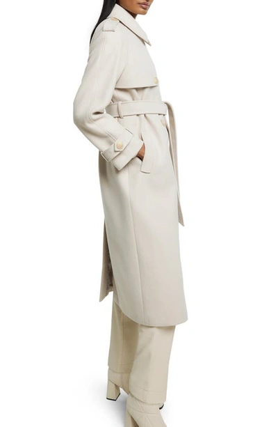 Shop River Island Relaxed Fit Belted Longline Trench Coat In Cream