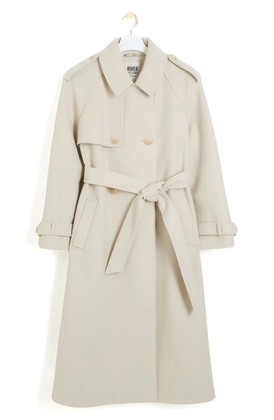 Shop River Island Relaxed Fit Belted Longline Trench Coat In Cream