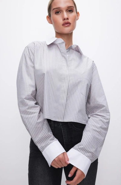 Shop Good American Stripe Crop Button-up Shirt In Grey Stripe005