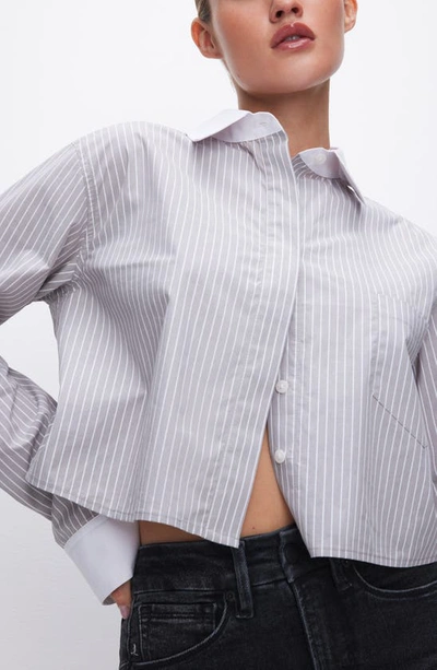 Shop Good American Stripe Crop Button-up Shirt In Grey Stripe005