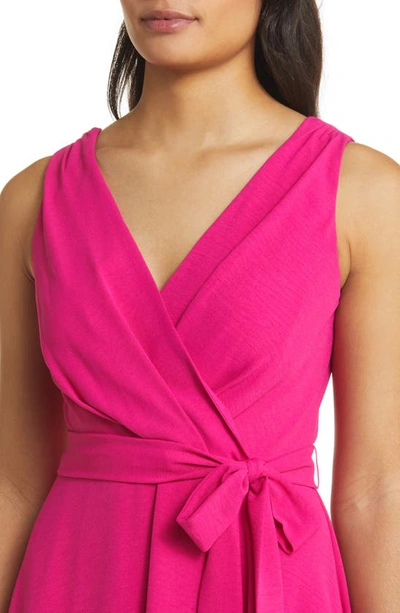 Shop Connected Apparel Tie Belt Faux Wrap High-low Dress In Bright Fuchsia