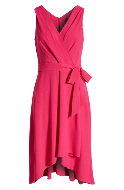 Shop Connected Apparel Tie Belt Faux Wrap High-low Dress In Bright Fuchsia