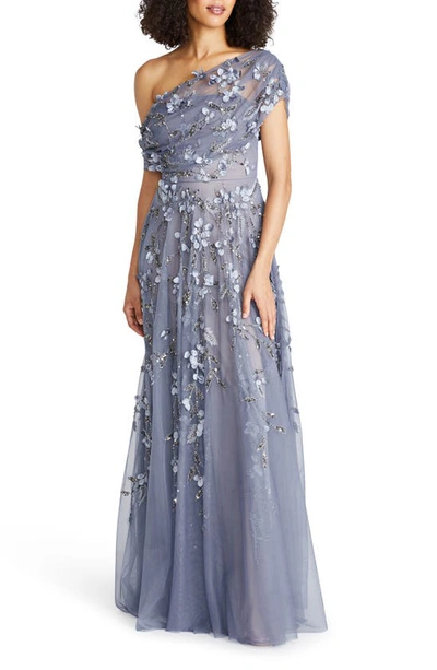 Shop Theia Fiorella Floral Embellished One-shoulder Gown In Periwinkle