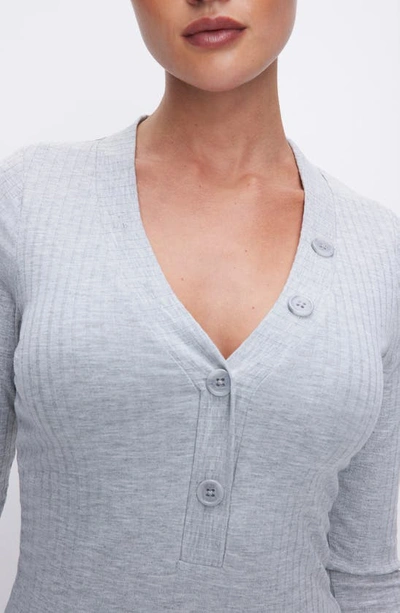 Shop Good American Ribbed Long Sleeve Henley Bodysuit In Heather Grey001