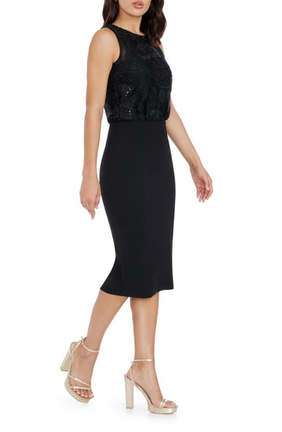 Dress The Population Amada Sequin Mixed Media Sheath Midi Dress In Black Multi