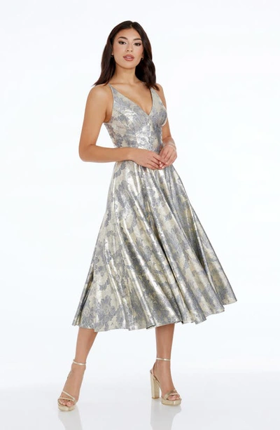 Shop Dress The Population Delilah Metallic Floral Fit & Flare Midi Dress In Pewter Multi