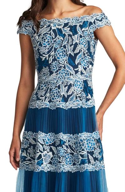 Shop Tadashi Shoji Embroidered Floral Lace Pleated Off The Shoulder Dress In Pacific Blue